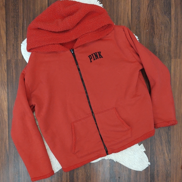 PINK Victoria's Secret Tops - PINK Victoria's Secret Reversible Red Sherpa Hoodie